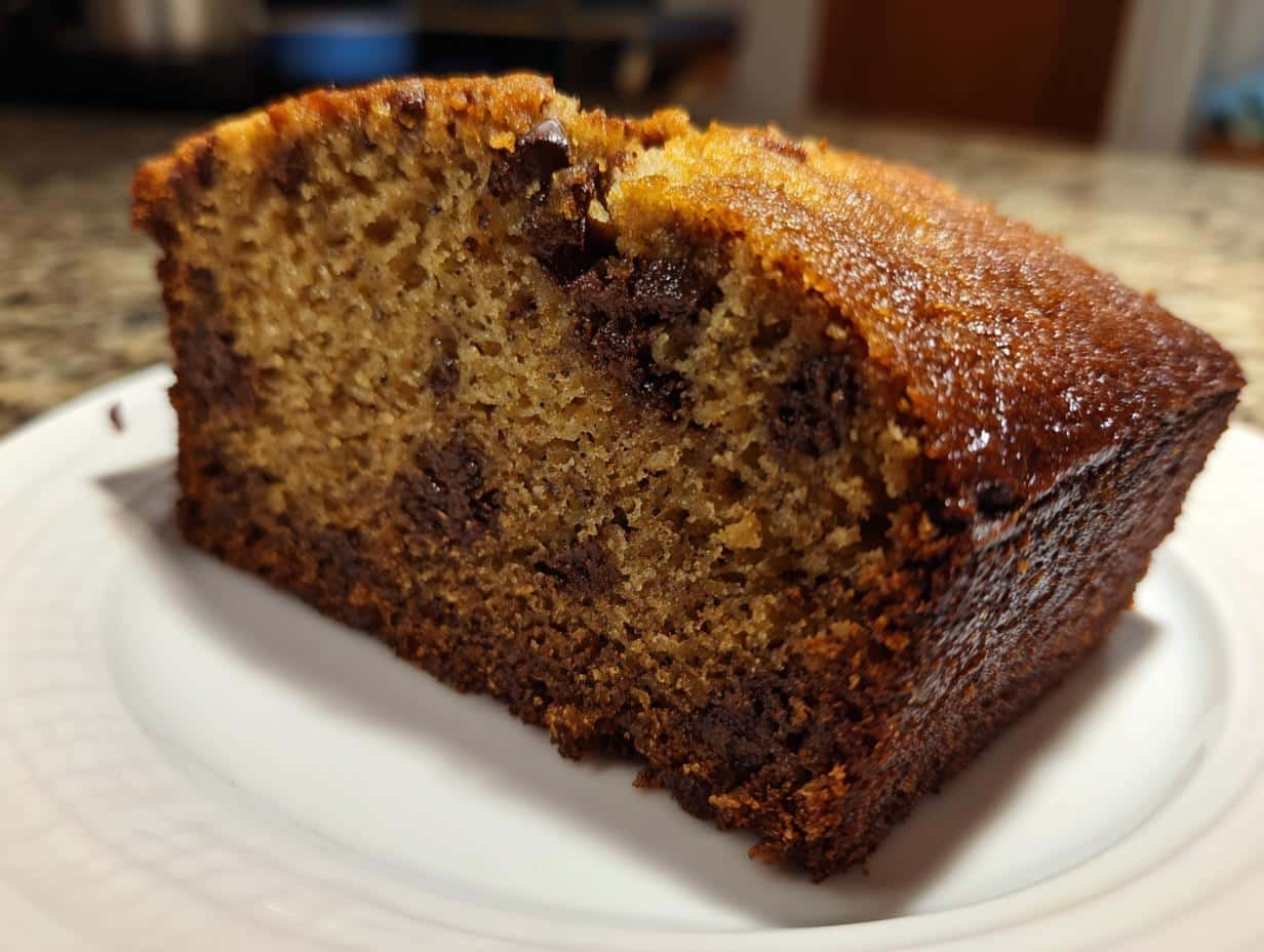 A close-up of a golden-brown slice of chocolate chip banana bread on a white plate, showing melted chocolate chips.