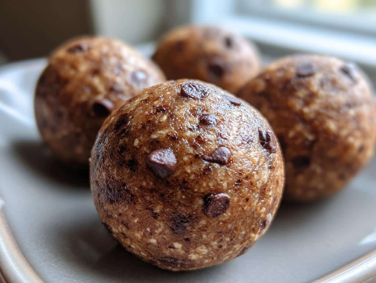 Close-up of several Chocolate Chip Cookie Dough Protein Ball on a gray plate, showing texture and chocolate chips.