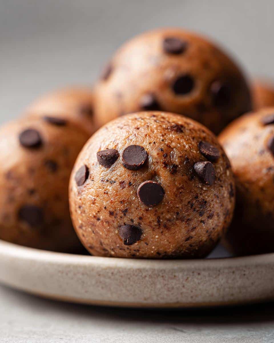 A close-up shot of a Chocolate Chip Cookie Dough Protein Ball, showing its texture and chocolate chips.
