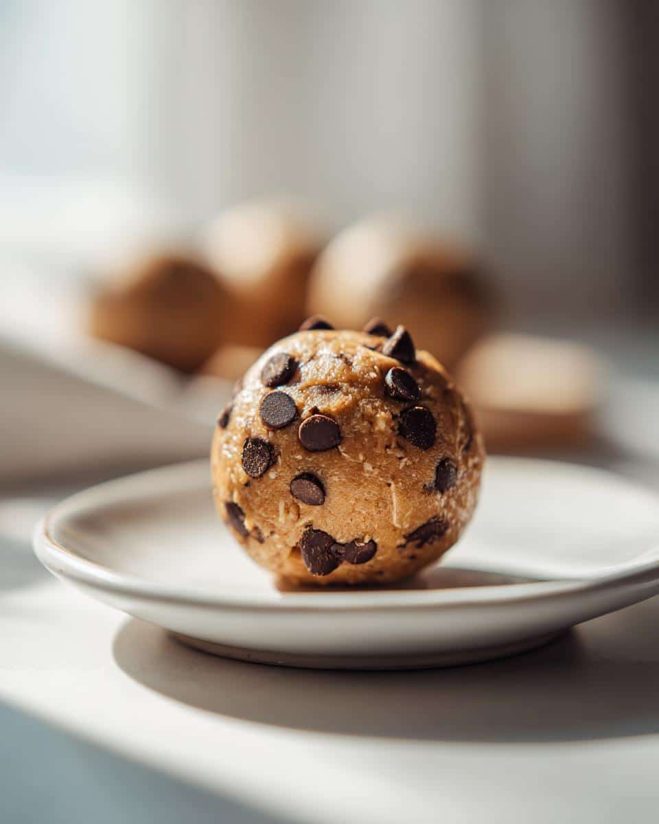 Close-up of a single Chocolate Chip Cookie Dough Protein Ball on a small white plate, showing chocolate chips.