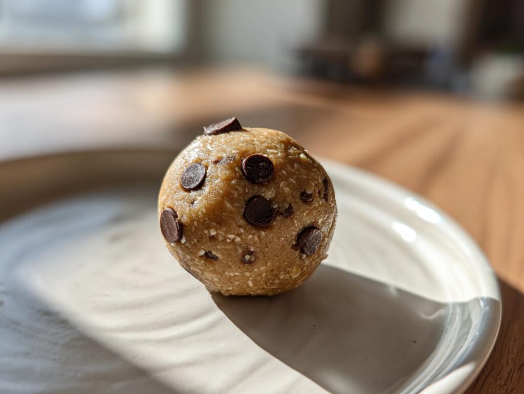 A close-up of a single Chocolate Chip Cookie Dough Protein Ball on a light plate, with chocolate chips visible.