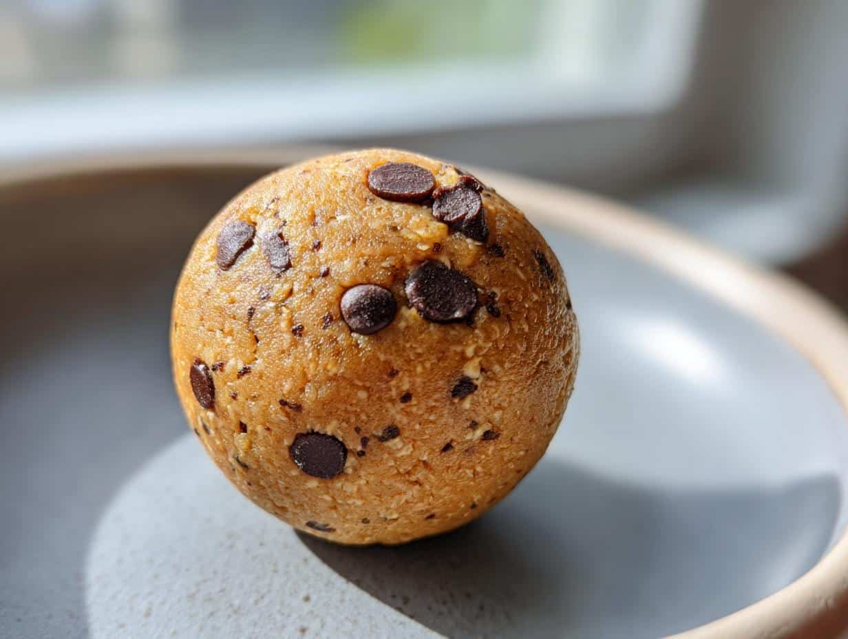 Close-up of a single Chocolate Chip Cookie Dough Protein Ball on a light gray plate, with chocolate chips visible.
