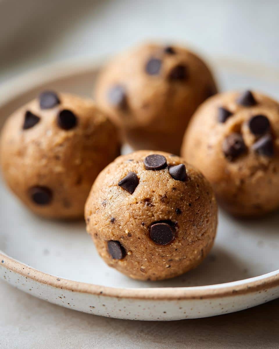 Four Chocolate Chip Cookie Dough Protein Balls with visible chocolate chips on a speckled ceramic plate.