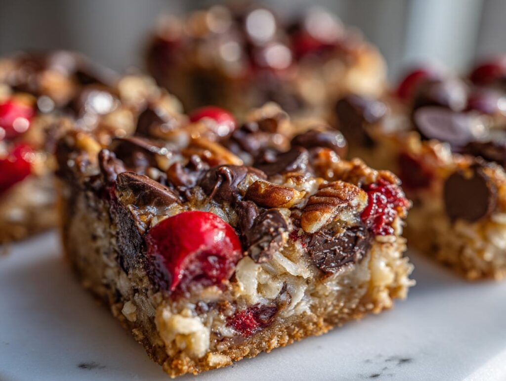 Close-up of a Chocolate Covered Cherry Magic Bar, showing the layers of chocolate chips, pecans, cherries, and coconut on a crust.