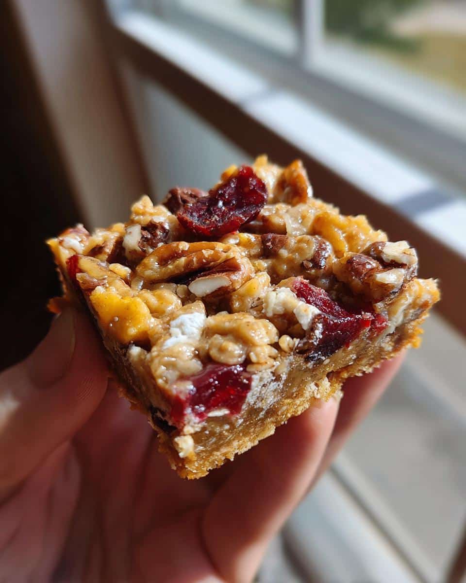 A hand holding a single Chocolate Covered Cherry Magic Bar, showing the chewy texture and toppings.