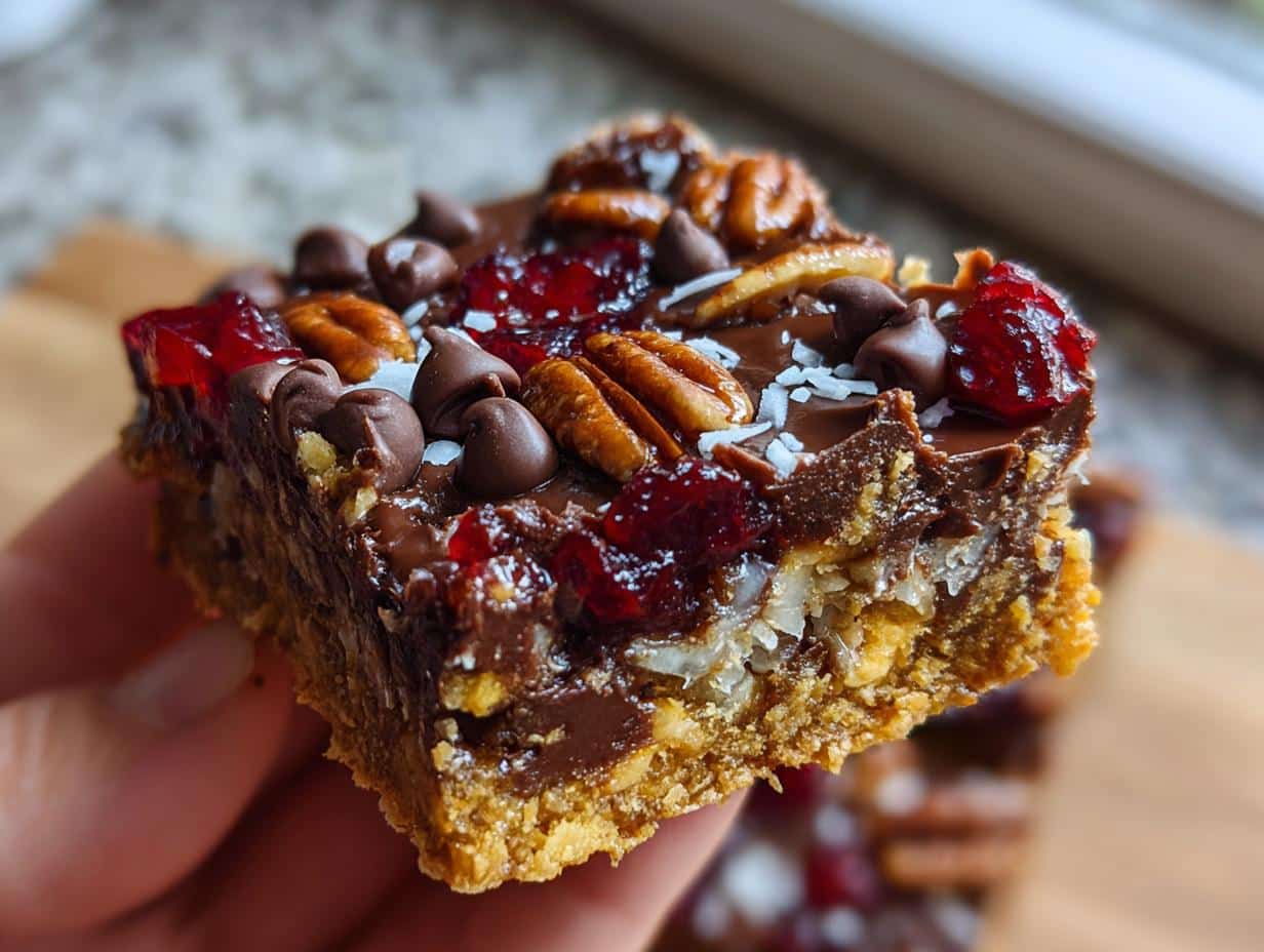 A hand holds a delicious Chocolate Covered Cherry Magic Bar, showing its layers of chocolate, cherries, pecans, and coconut.