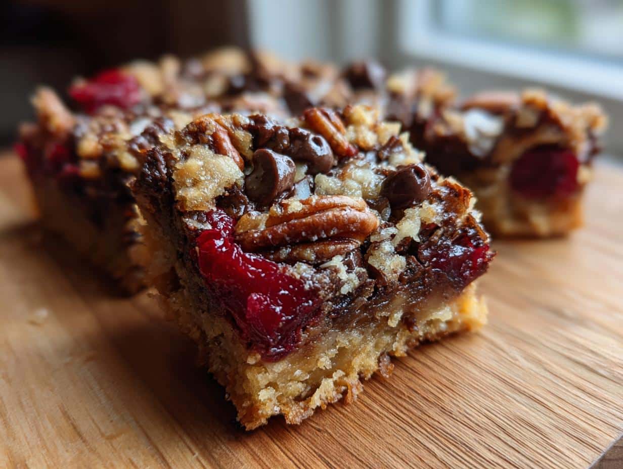 Close-up of a Chocolate Covered Cherry Magic Bar, showing the cherry filling, chocolate chips, and pecans on a wooden surface.