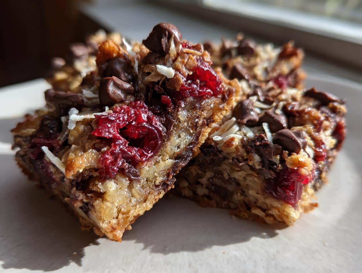 Two delicious Chocolate Covered Cherry Magic Bars, showing layers of crust, chocolate, cherries, and coconut flakes.