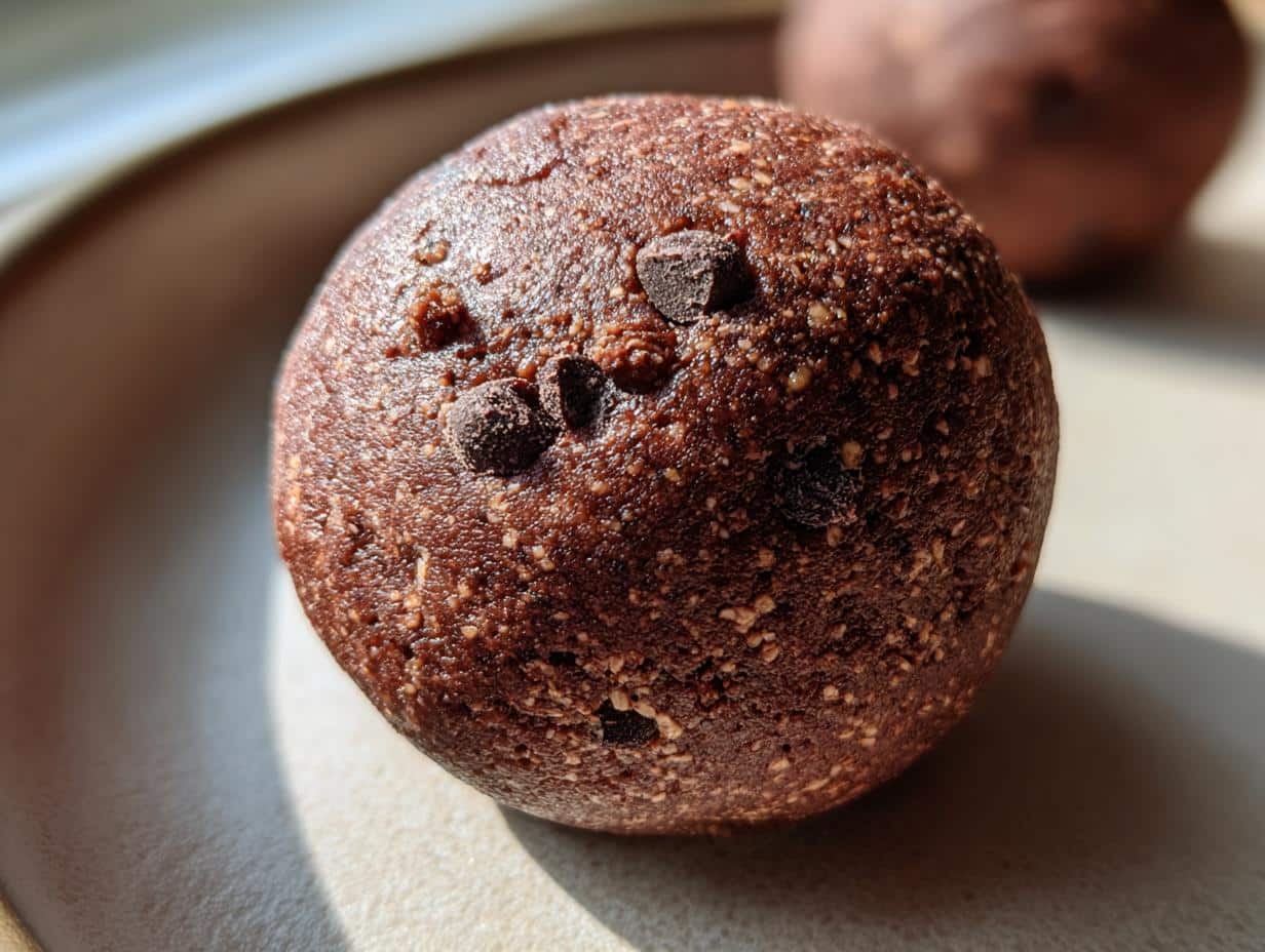 A single Chocolate Mint Protein Bite on a light-colored plate, showing its textured surface and small chocolate chips.