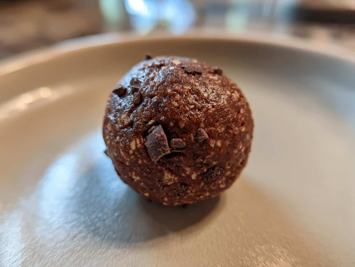 A single, round Chocolate Mint Protein Bite on a light-colored plate, speckled with chocolate chips.