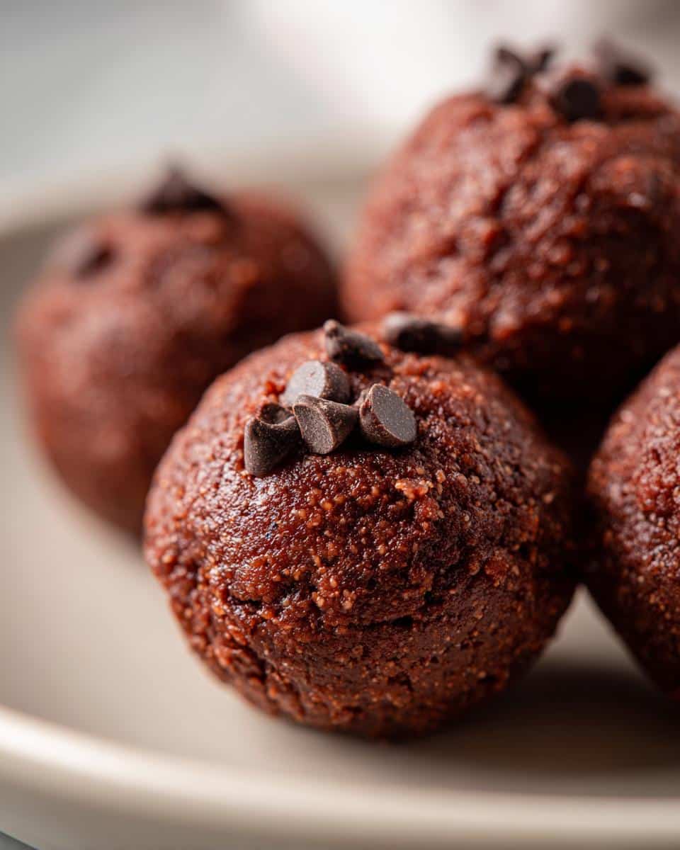 Close-up of several Chocolate Mint Protein Bites, dark brown and topped with mini chocolate chips, on a light-colored plate.