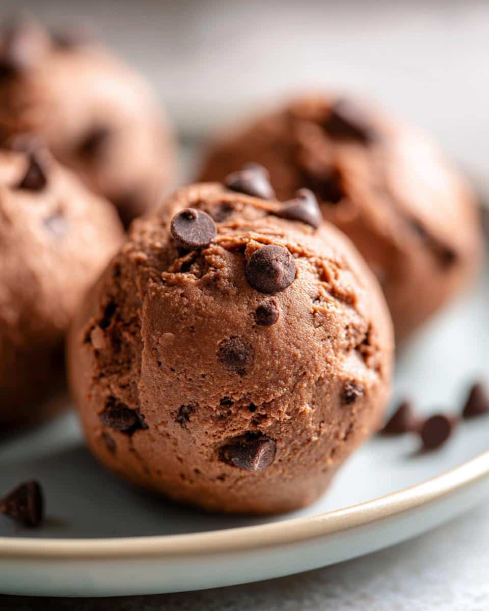 Close-up of a chocolate mint protein bite topped with chocolate chips on a light blue plate, with more bites in the background. Chocolate Mint Protein Bites.
