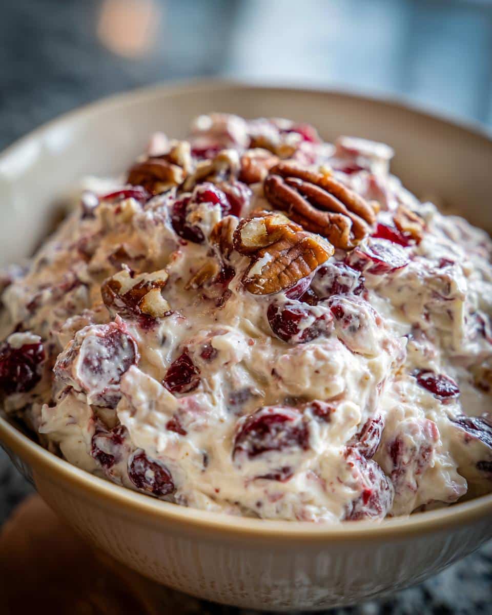 Close-up of a creamy Christmas appetizers easy crowd pleasing dip in a bowl, garnished with whole cranberries and pecans.