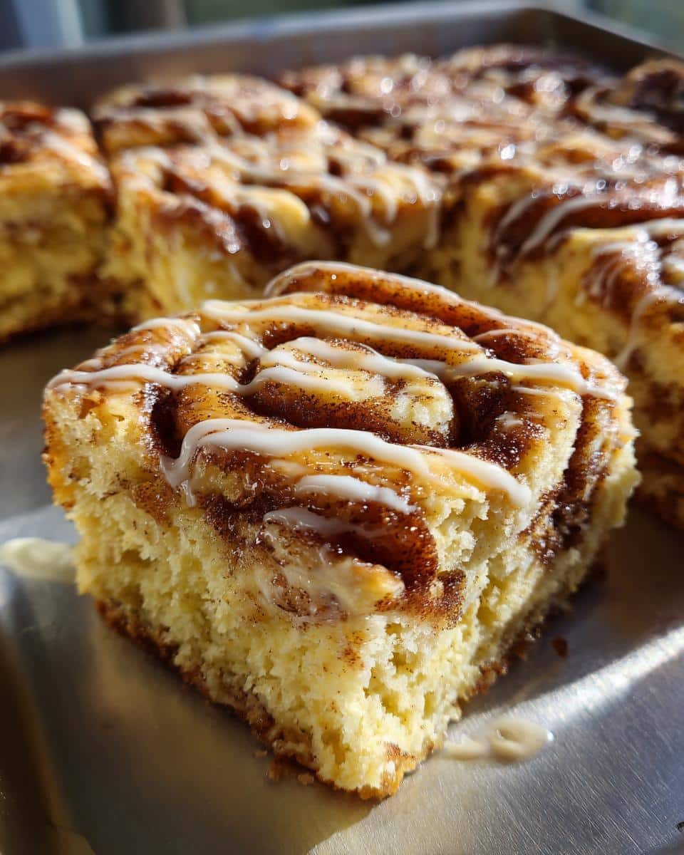 A close-up shot of a single Cinnamon Roll Bliss Bar with white icing drizzle and cinnamon swirl, on a baking sheet.