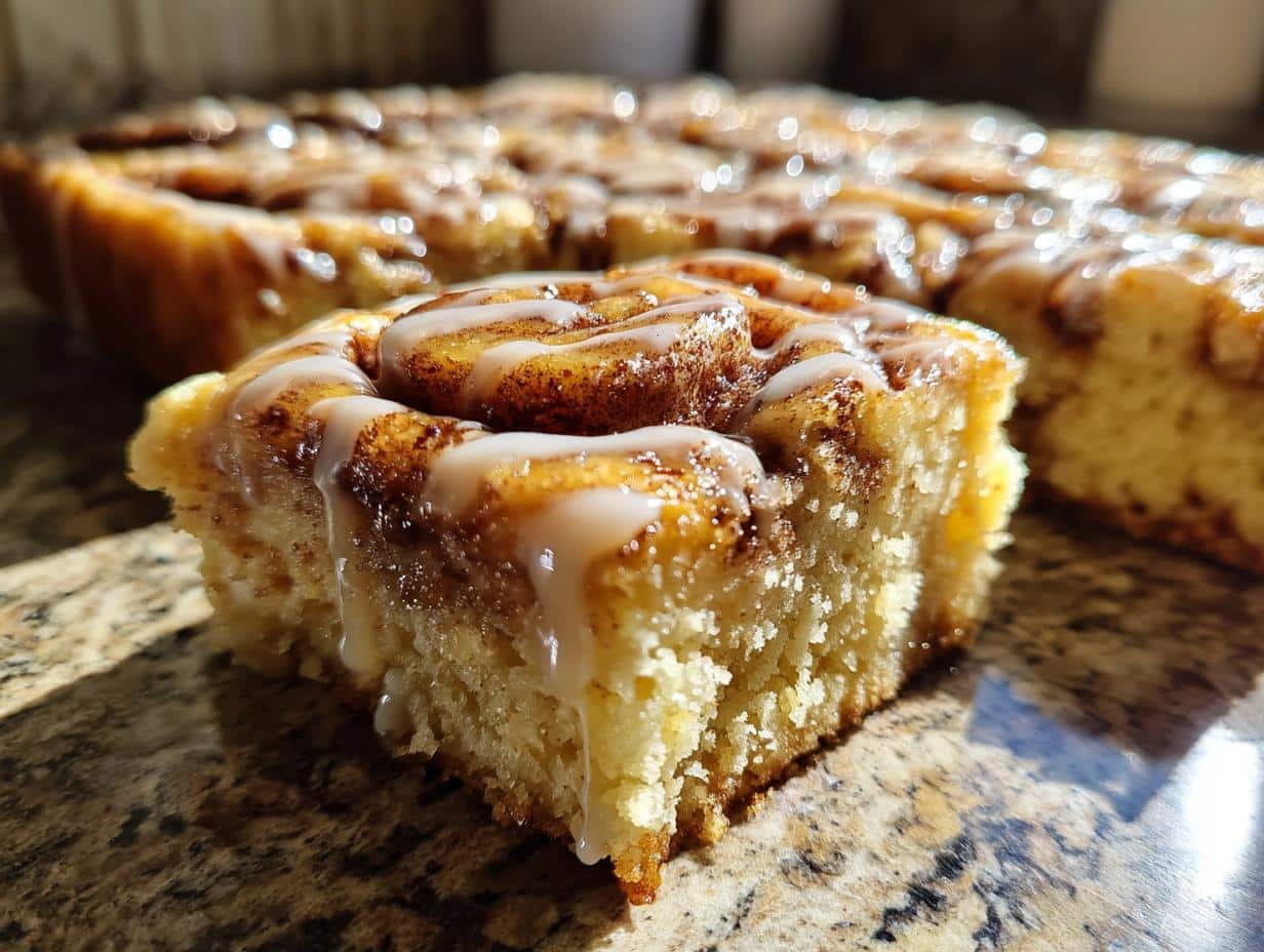 A close-up of a single Cinnamon Roll Bliss Bar with white icing drizzled over the cinnamon swirl, on a granite countertop.