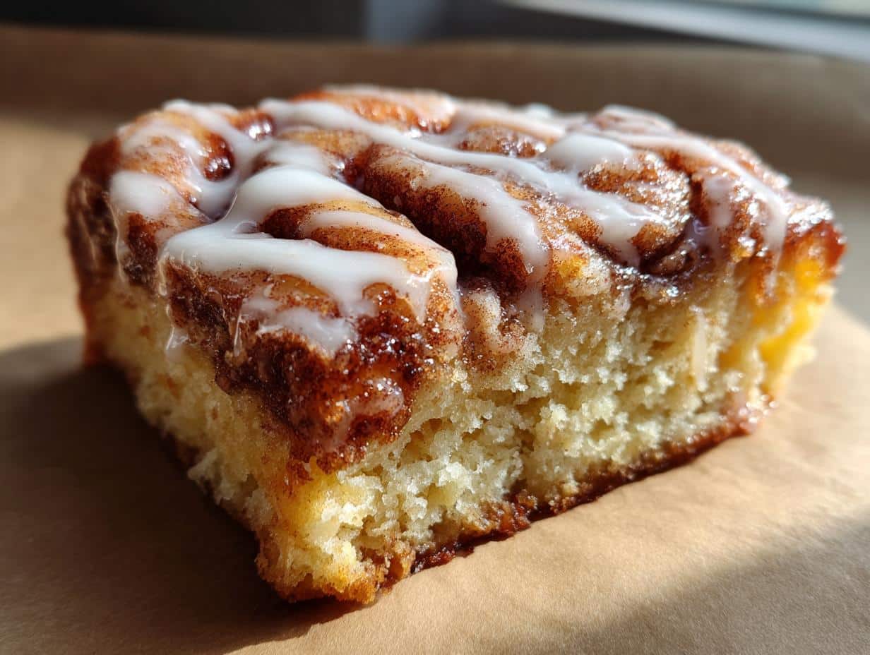 A close-up of a single Cinnamon Roll Bliss Bar with white icing drizzled over a cinnamon swirl.