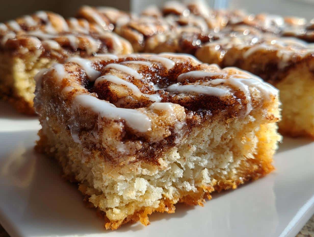 Close-up of a single Cinnamon Roll Bliss Bar with white icing and cinnamon swirl on a white plate.