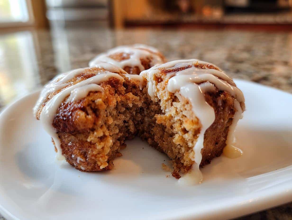 A close-up of two Cinnamon Roll Protein Bites on a white plate, one broken open to show the texture, both drizzled with white icing.