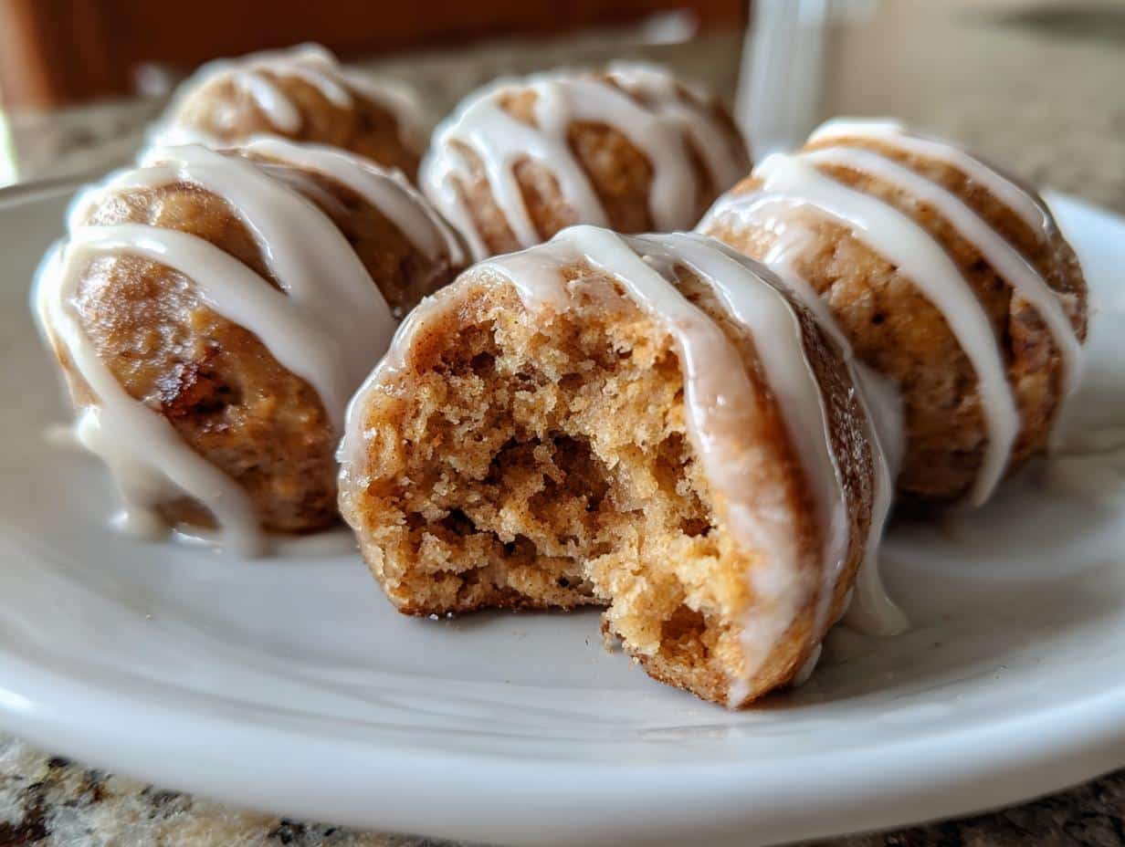 Close-up of Cinnamon Roll Protein Bites on a white plate, one bite broken open to show the texture, all drizzled with white icing.