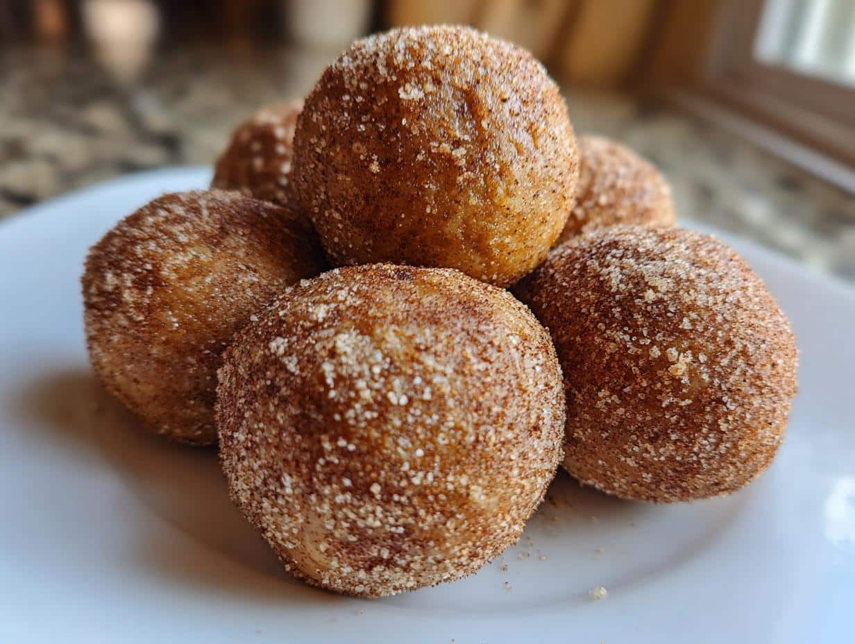 A close-up of a small pile of round Cinnamon Roll Protein Bites coated in cinnamon sugar on a white plate.