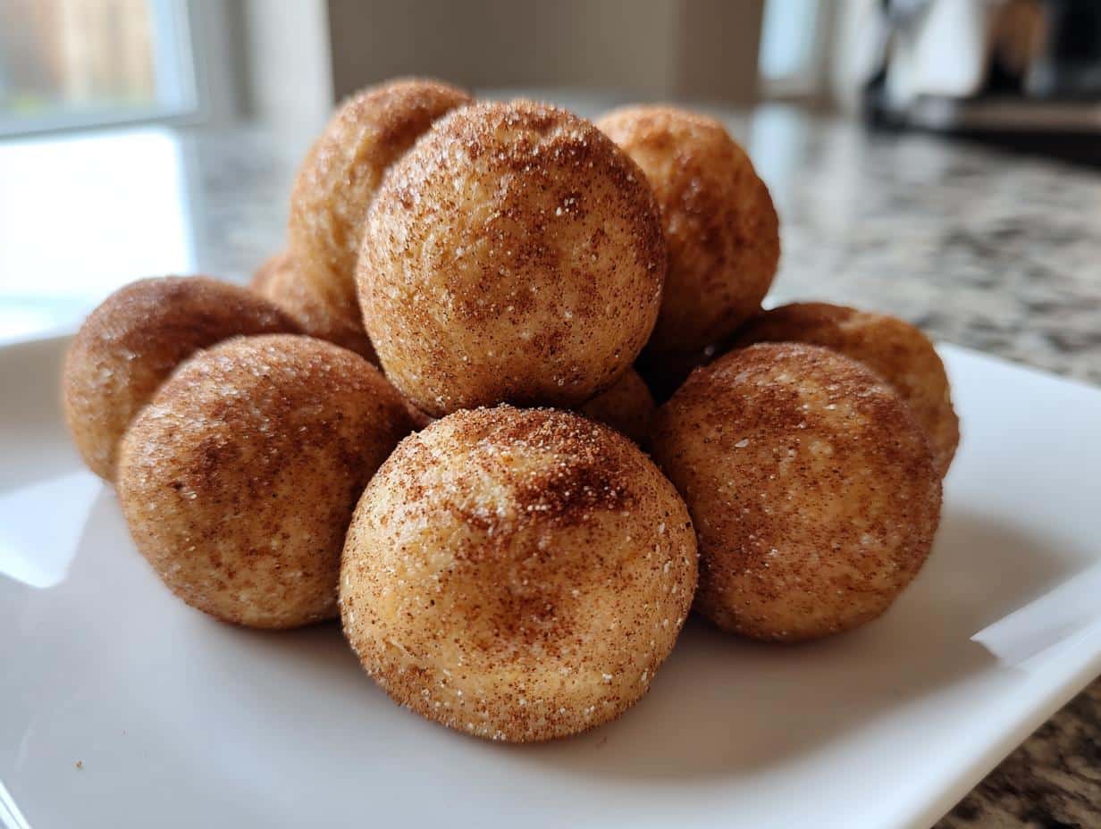 A close-up of a pile of golden-brown Cinnamon Roll Protein Bites, coated generously with cinnamon sugar.