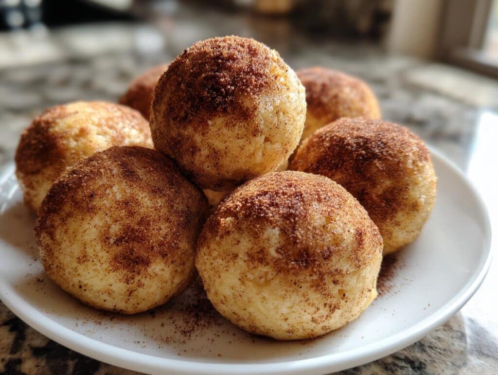 A close-up of several round Cinnamon Roll Protein Bites on a white plate, coated generously with cinnamon sugar.