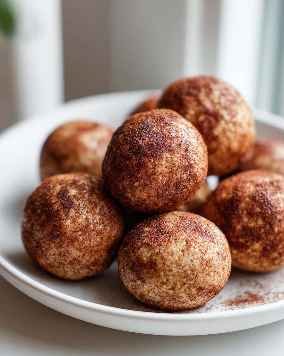 A close-up of a white plate filled with several round Cinnamon Roll Protein Bites, dusted with cinnamon sugar.