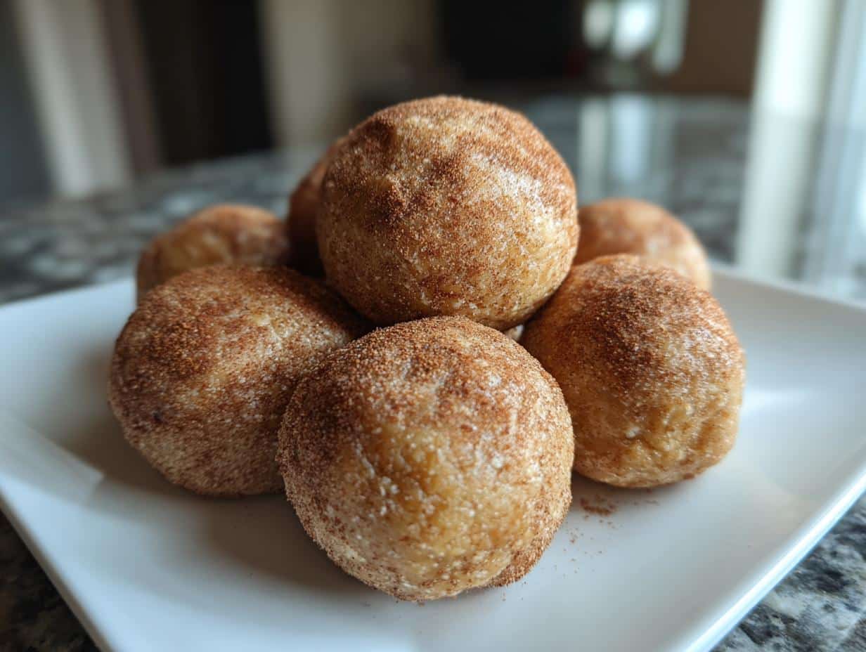 A close-up of several round Cinnamon Roll Protein Bites covered in cinnamon sugar, arranged on a white plate.