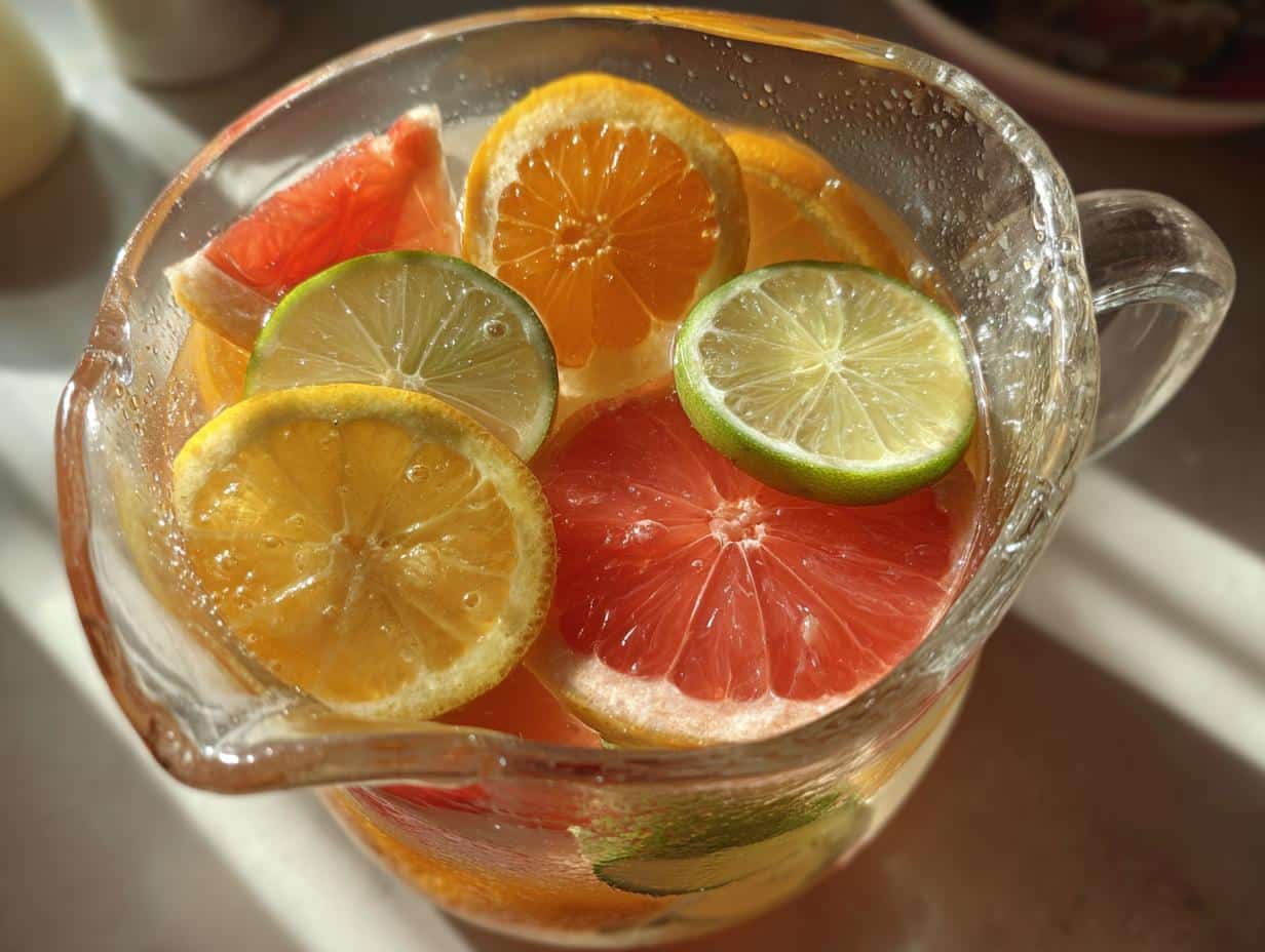 Close-up of a glass pitcher filled with Citrus Infused Water, featuring slices of orange, lemon, lime, and grapefruit.