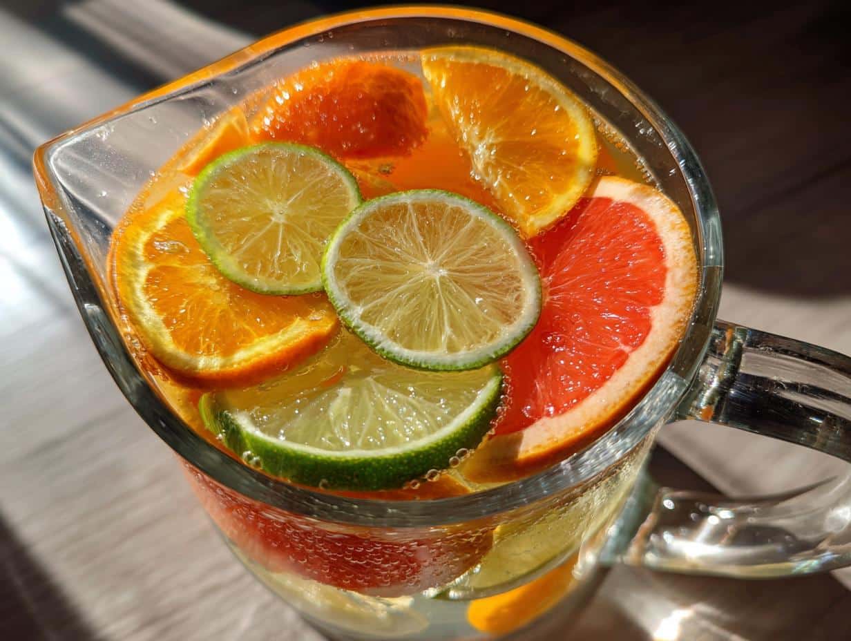 Close-up of a glass pitcher filled with clear water and slices of orange, lime, and grapefruit, creating a Citrus Infused Water Recipe.