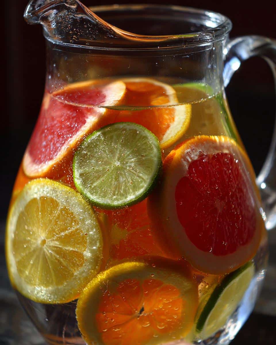 Close-up of a glass pitcher filled with Citrus Infused Water, featuring slices of grapefruit, orange, lemon, and lime.