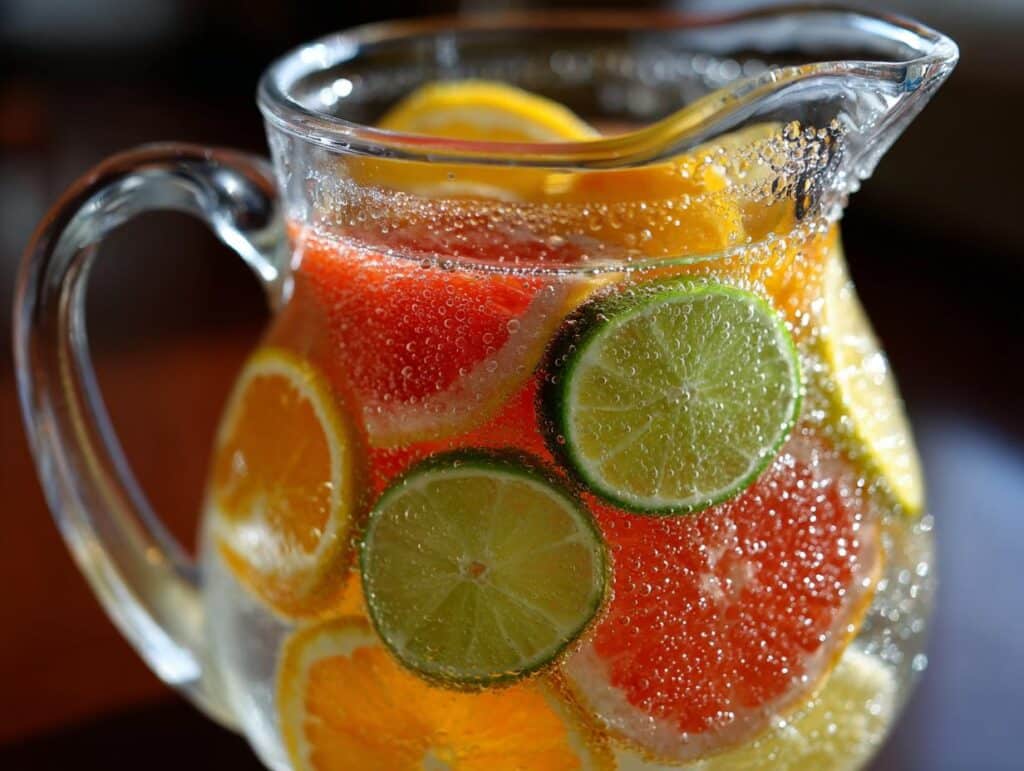 Close-up of a glass pitcher filled with clear water, sliced lemons, limes, grapefruits, and oranges, with visible bubbles. Citrus Infused Water Recipe.