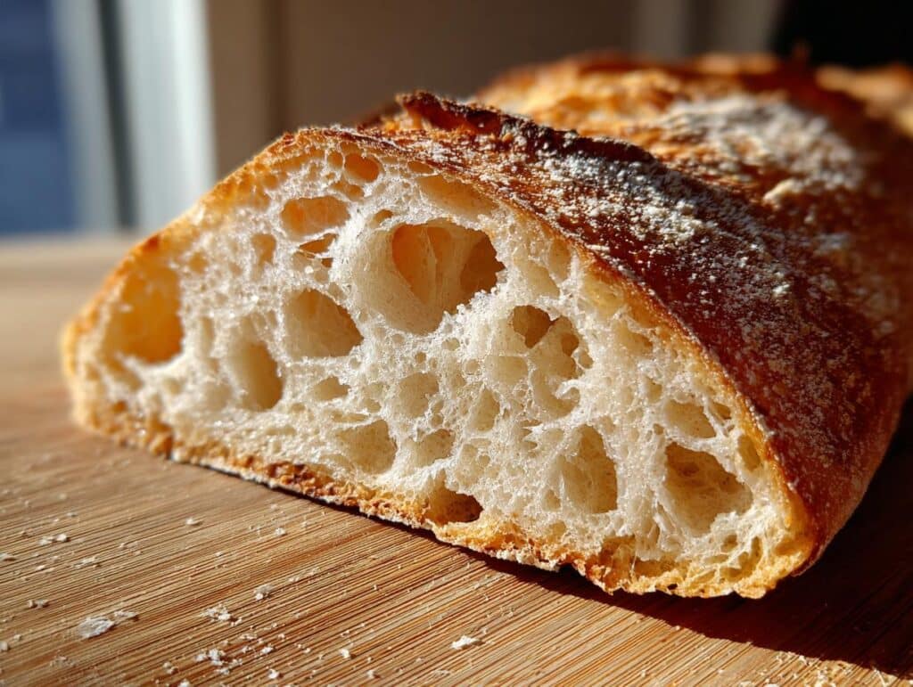 Close-up of a sliced Classic French Baguette showing its airy, open crumb and crispy crust on a wooden board.