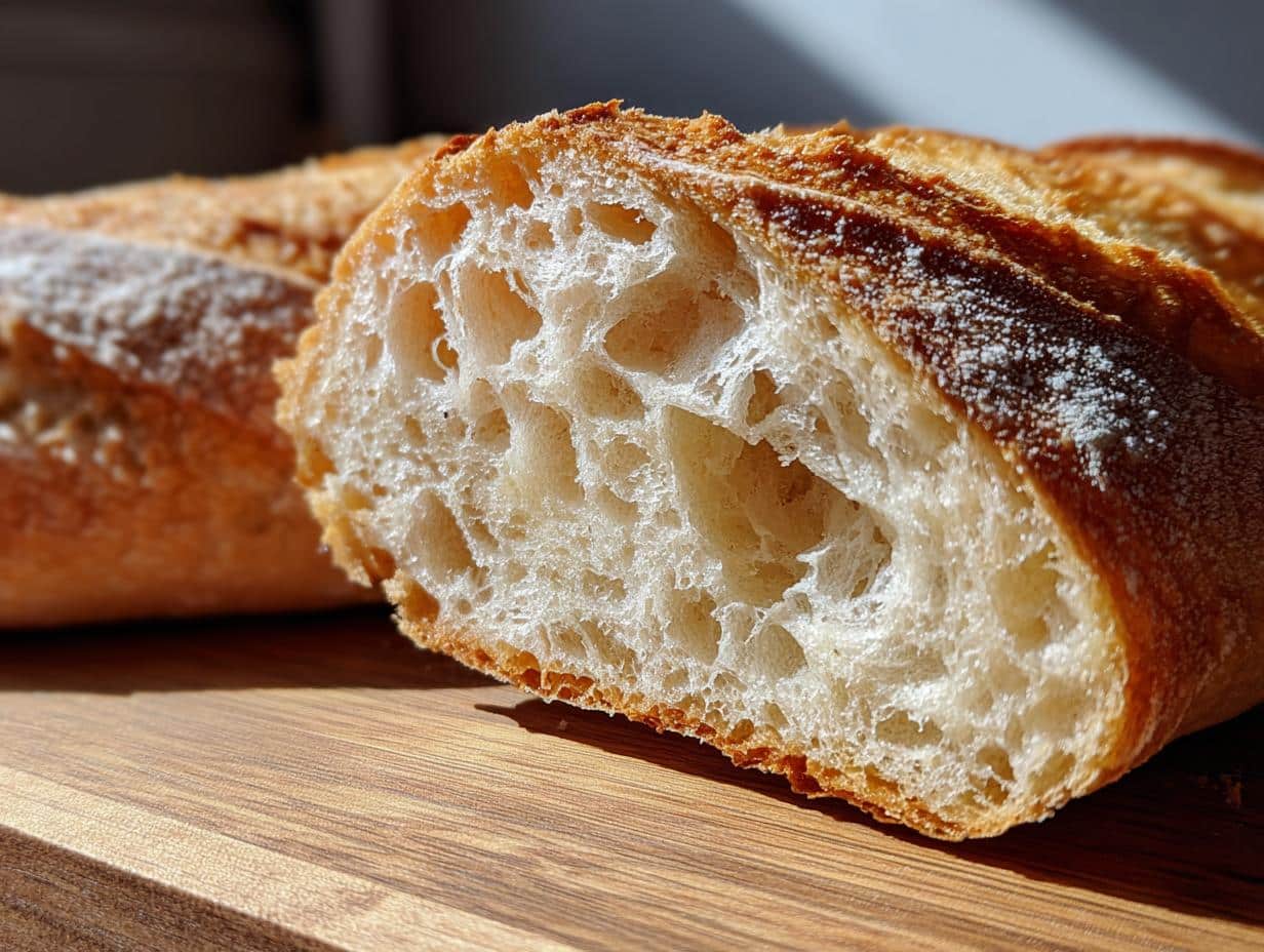 Close-up of a sliced Classic French Baguette showing its airy, open crumb and crispy crust on a wooden board.