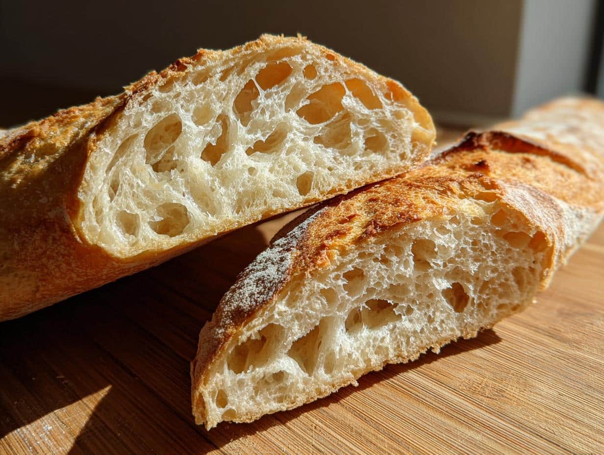 Close-up of a Classic French Baguette cut in half, revealing its airy, open crumb structure and golden-brown crust.