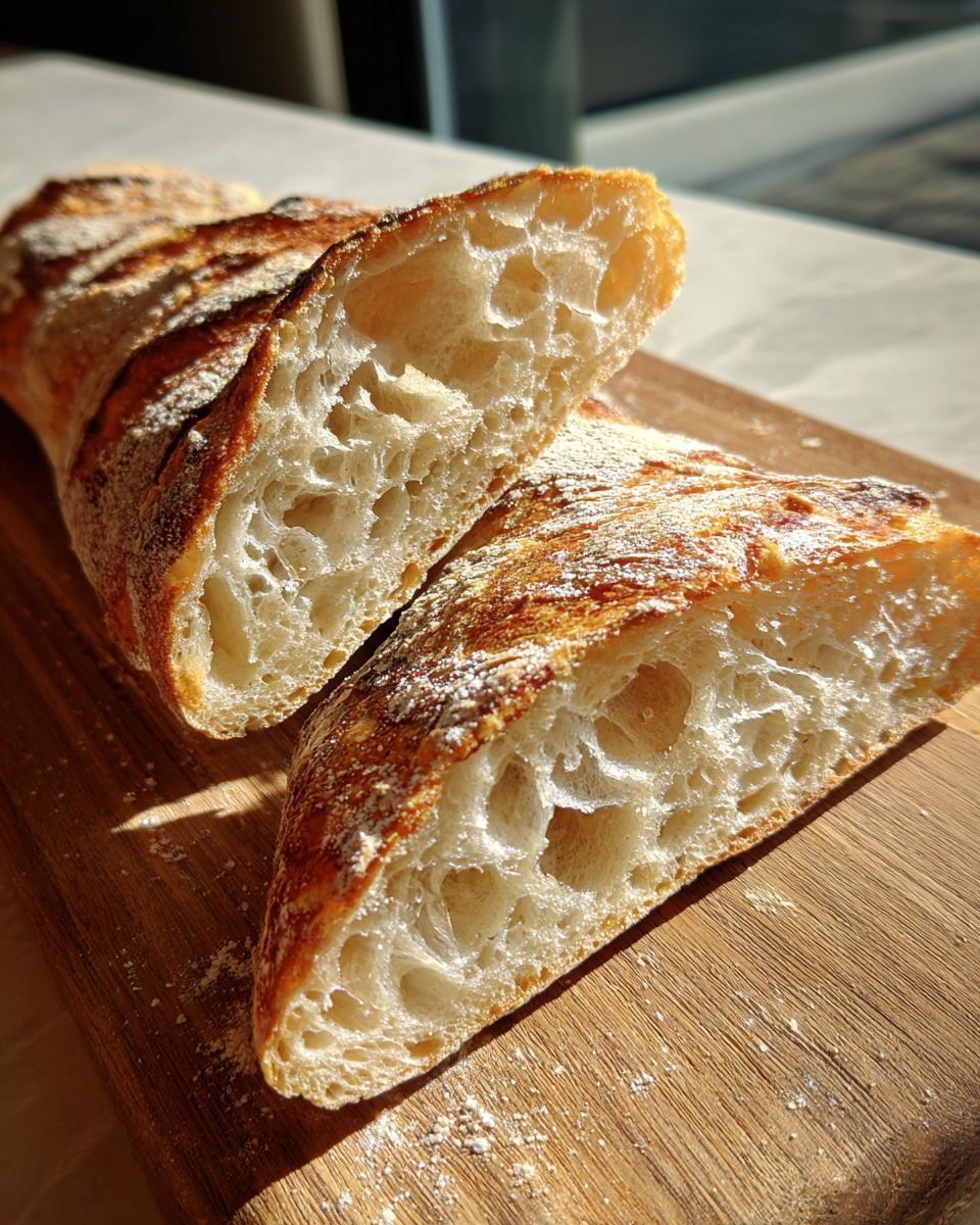 Close-up of a Classic French Baguette cut in half, revealing its airy, open crumb structure and golden-brown crust.