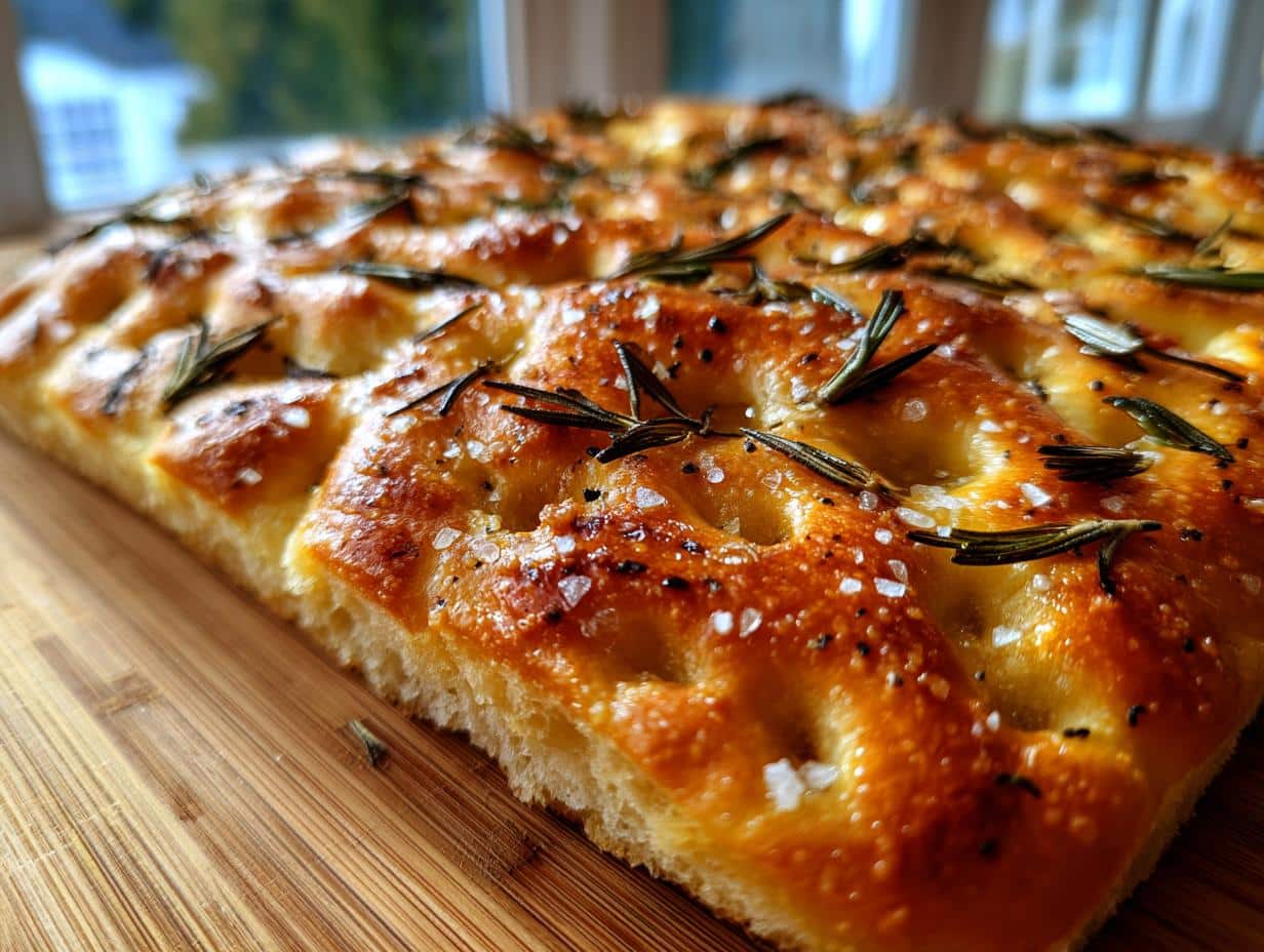 Close-up of golden-brown Classic Italian Focaccia bread, topped with fresh rosemary and coarse sea salt, on a wooden board.