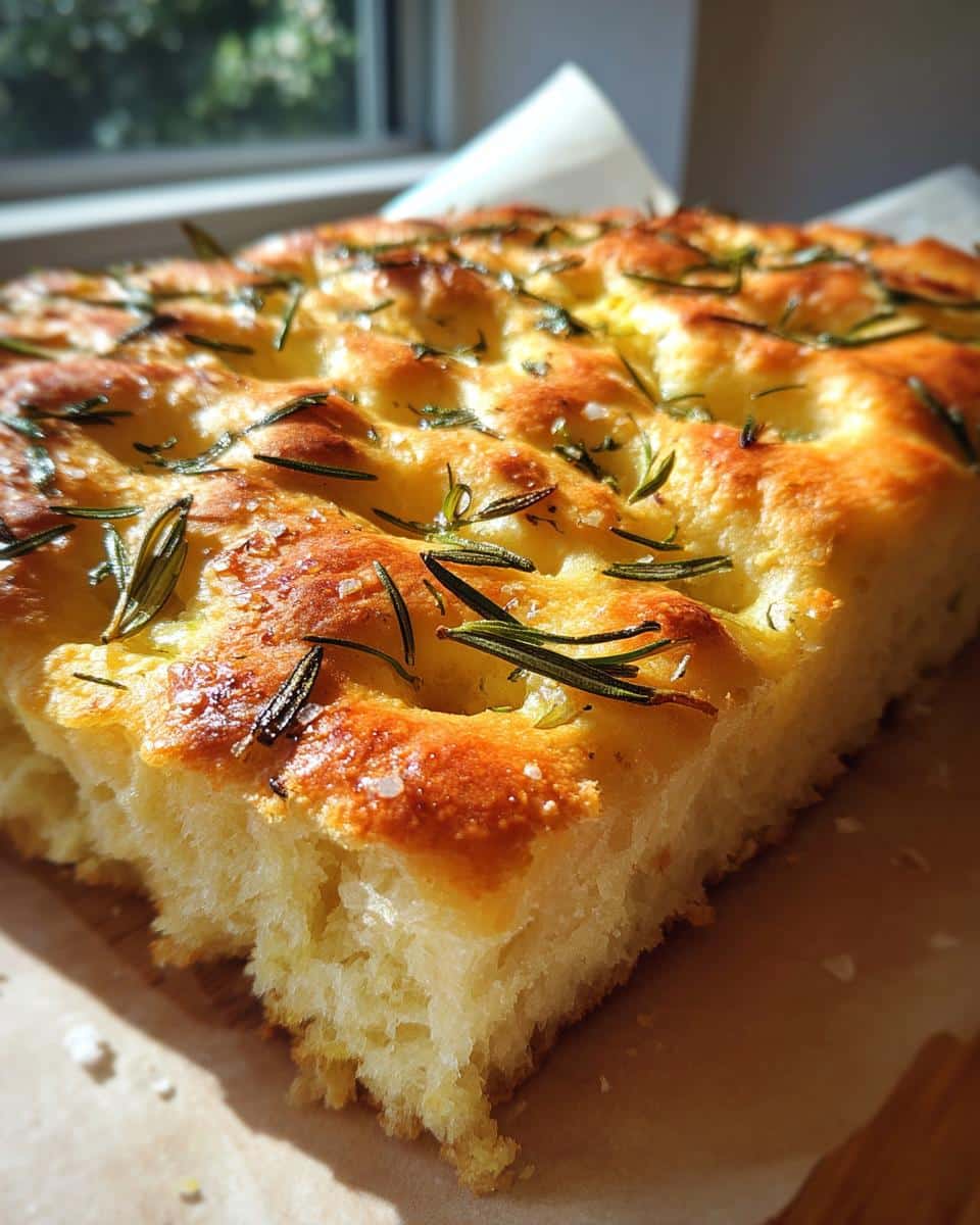 Close-up of golden-brown Classic Italian Focaccia bread, topped with fresh rosemary and coarse sea salt, glistening with olive oil.
