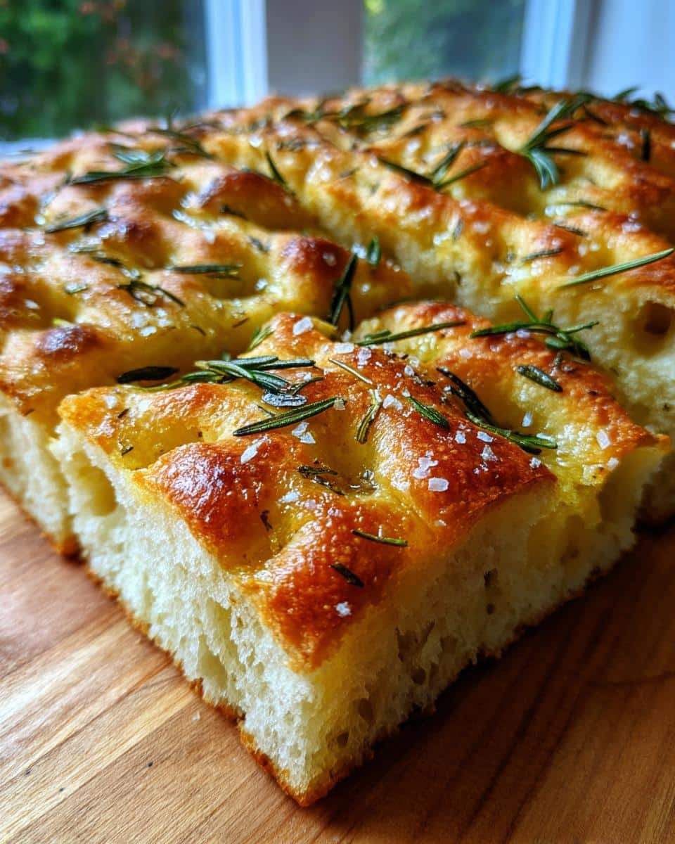 Close-up of golden brown Classic Italian Focaccia bread, topped with fresh rosemary and coarse sea salt, on a wooden board.