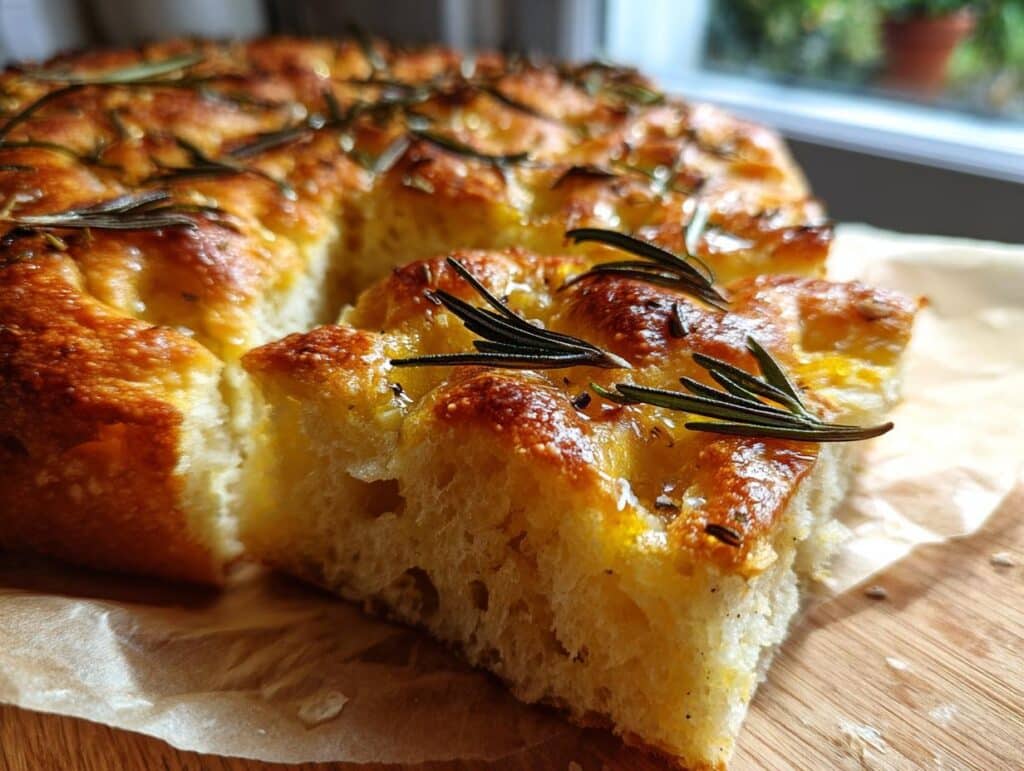A close-up of a golden-brown slice of Classic Italian Focaccia bread, topped with fresh rosemary and sea salt.