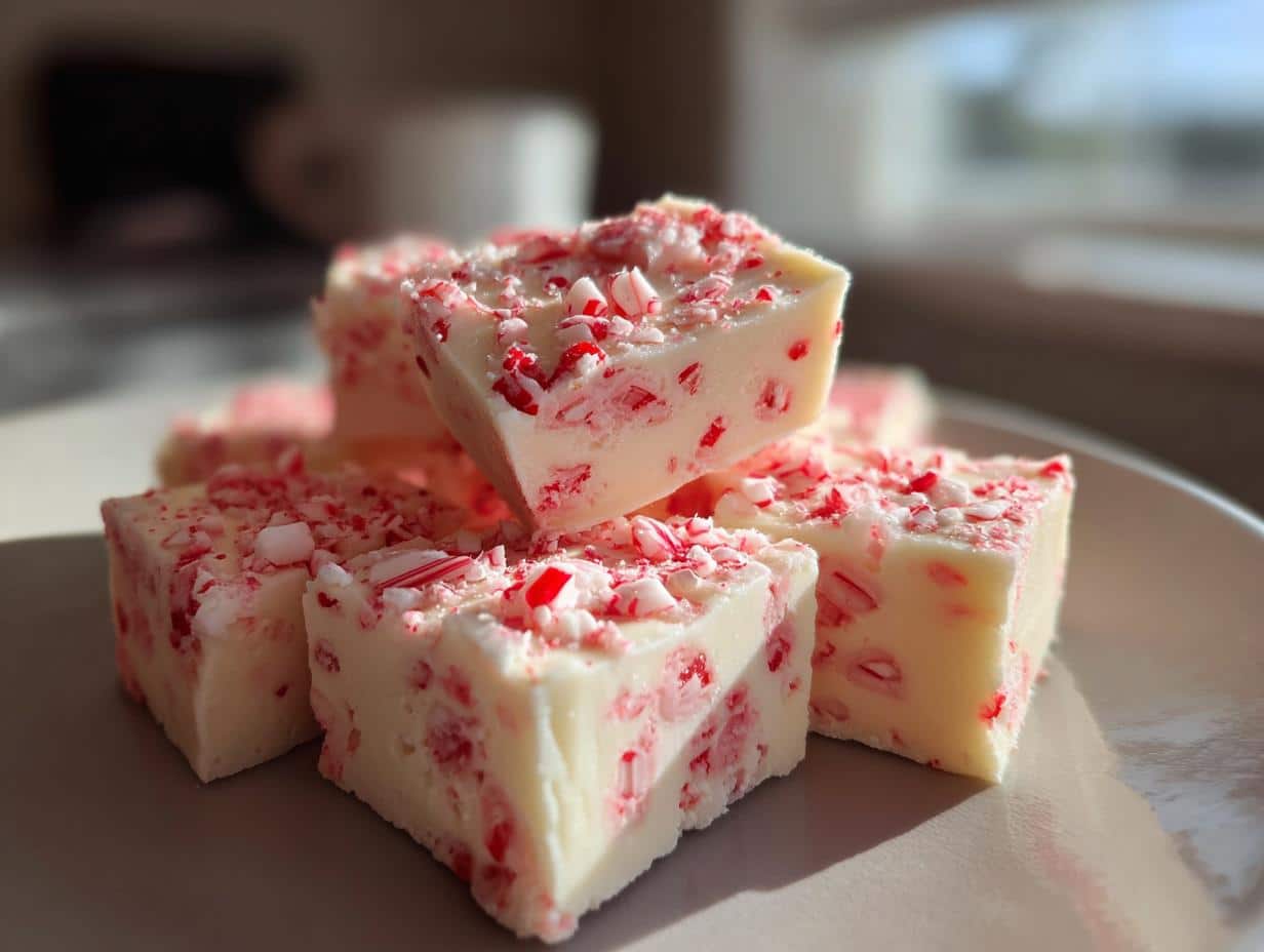 A stack of white classic peppermint fudge squares, generously topped with crushed red and white candy canes, on a light plate.