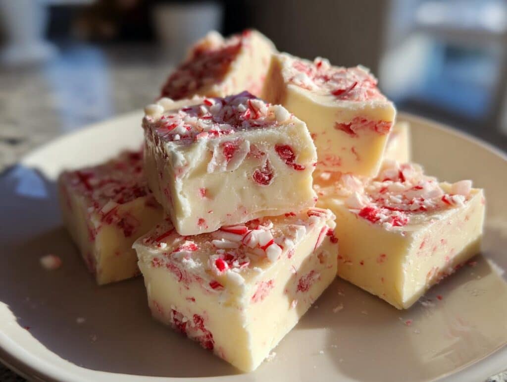 A stack of creamy white classic peppermint fudge squares, generously topped with crushed red and white candy canes.