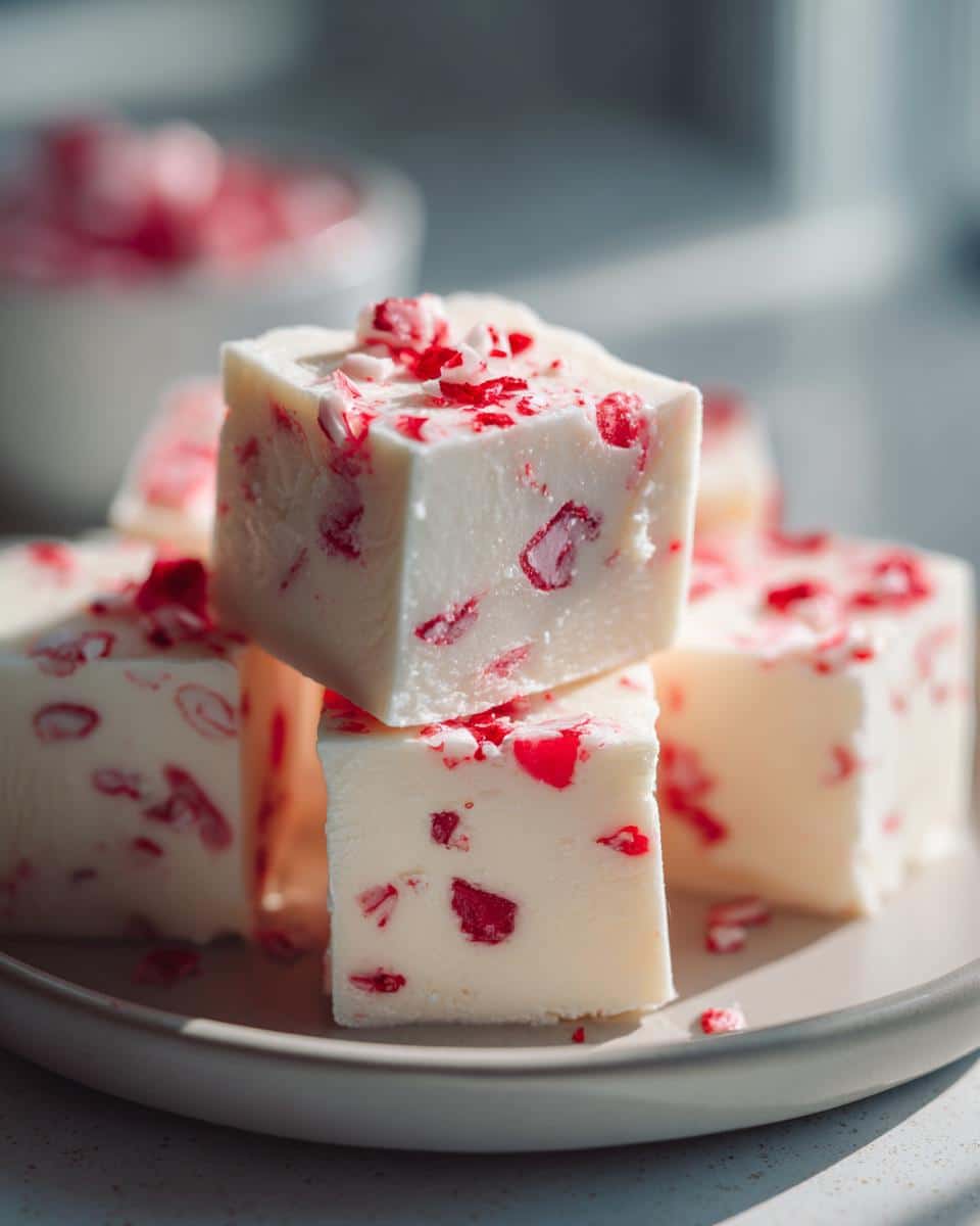A stack of white classic peppermint fudge squares with visible red candy cane pieces on a light plate.