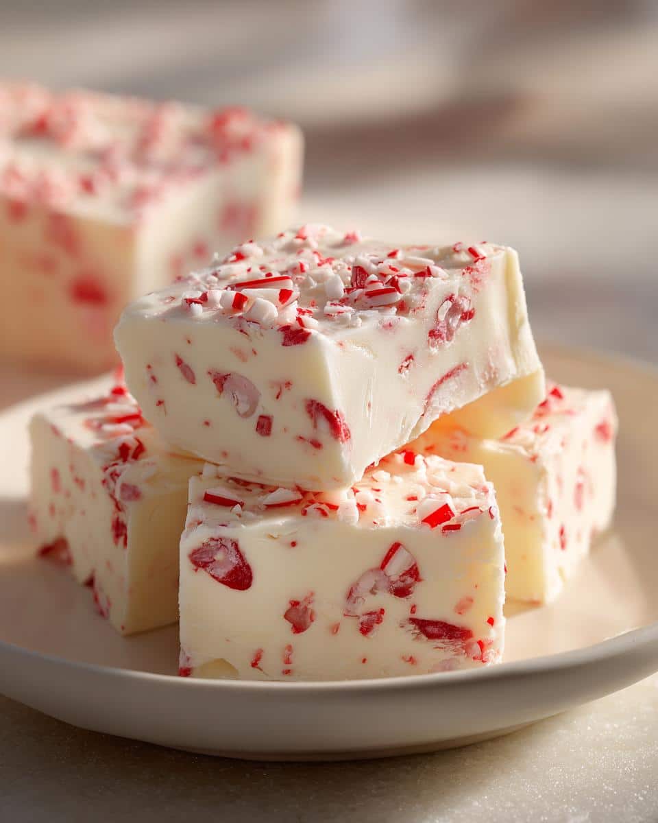 A close-up of several squares of classic peppermint fudge, white with red crushed candy cane pieces, on a light plate.