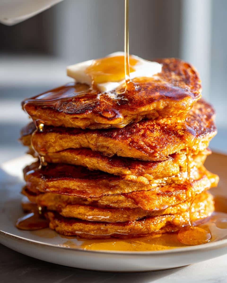 A tall stack of classic sweet potato pancakes with a pat of butter, being drizzled with maple syrup.