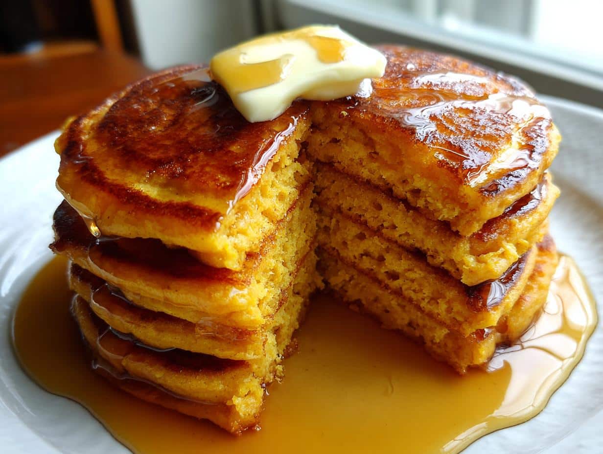 A tall stack of golden-brown classic sweet potato pancakes, with a slice cut out, topped with melting butter and dripping with maple syrup on a white plate.