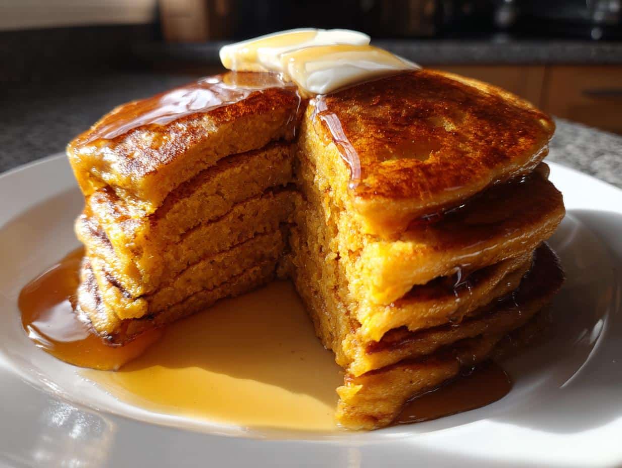 A tall stack of classic sweet potato pancakes, golden brown, drizzled generously with maple syrup and topped with butter.