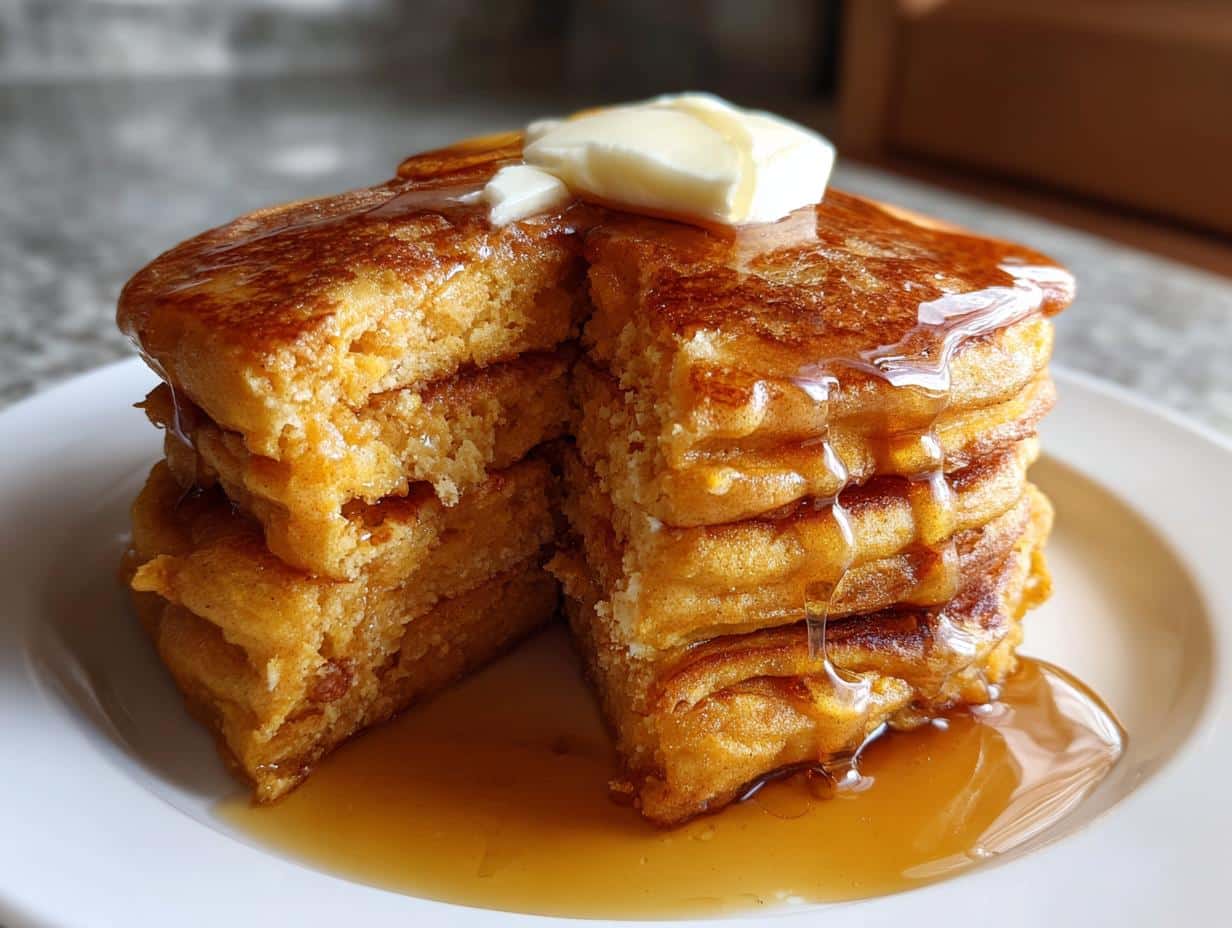 A tall stack of golden-brown classic sweet potato pancakes, topped with a pat of butter and drizzled generously with maple syrup.