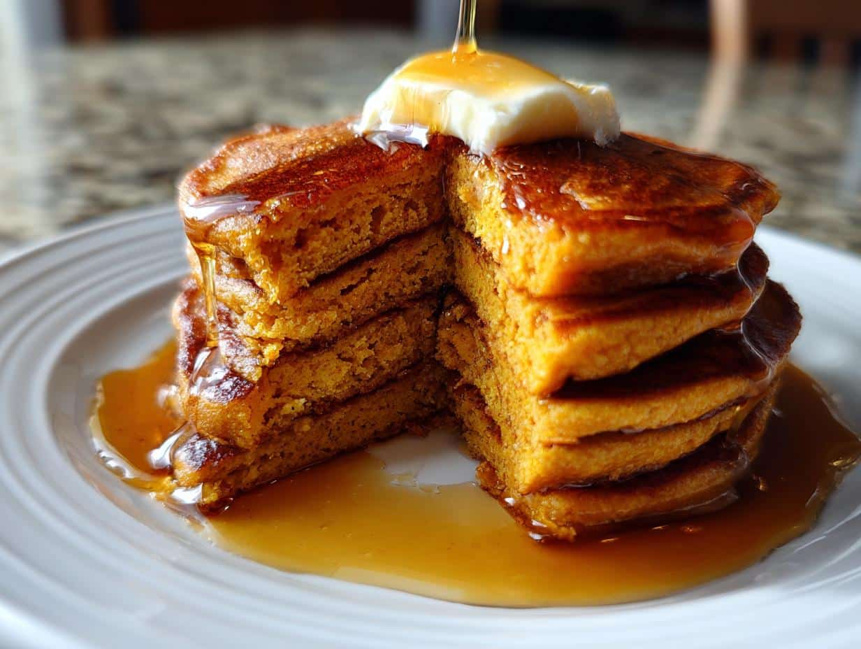 A tall stack of classic sweet potato pancakes on a white plate, topped with a pat of butter and drizzled with maple syrup.