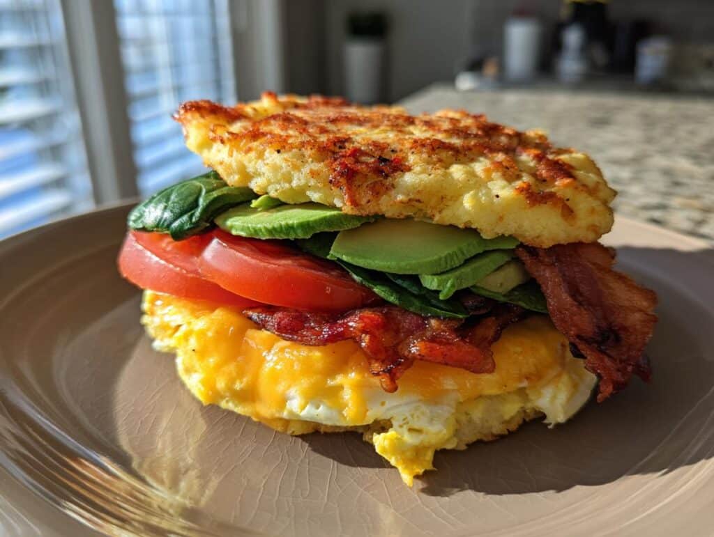 A delicious Cloud Bread Breakfast Sandwich with egg, bacon, avocado, tomato, and spinach.